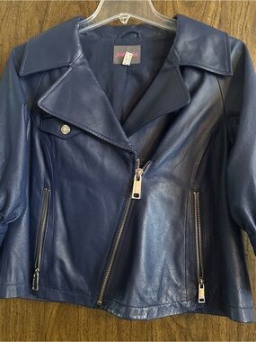 Just Sweet vintage Navy Real Leather Asymmetrical Moto Jacket